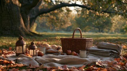 Fototapeta premium Cozy autumn picnic with wicker basket, mugs, apples, bread, and blankets on leaves under a large tree