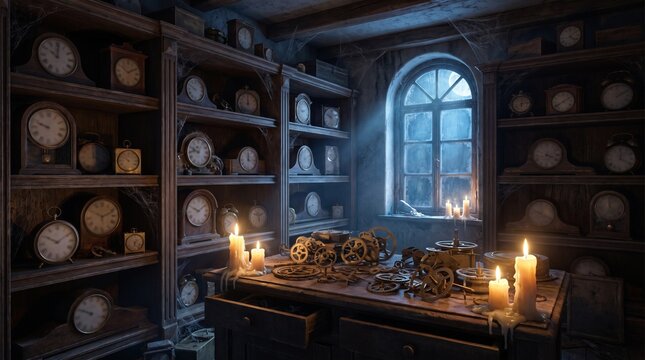 Mystical Antique Clockmaker Workshop Room Filled with Wall Clocks, Gears, and Candlelight