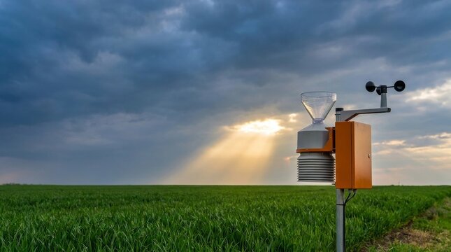 Precision Agriculture and Smart Farming for Food Security, A weather station with a rain gauge and anemometer in a green field under a cloudy sky with sun rays.
