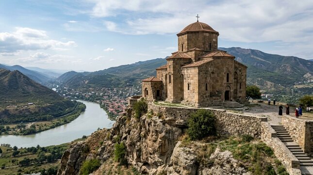 Ancient monastery on cliff overlooking river valley and town, Mtskheta, Georgia