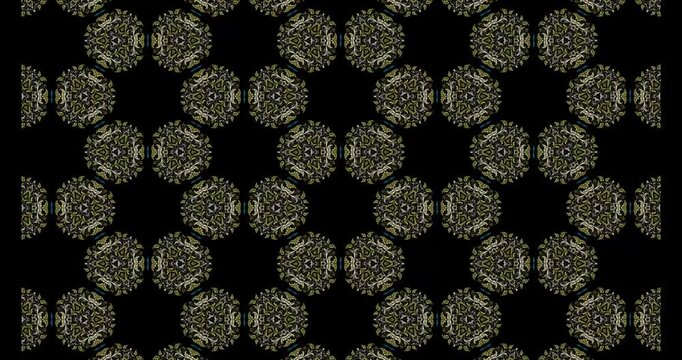 40 second of colorful gradient damask abstract kaleidoscope animation featuring ornate symmetrical motifs, seamlessly looping against a transparent rectangle background.