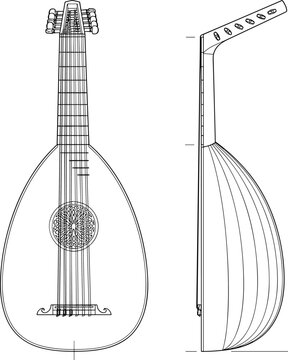 Detailed technical drawing of traditional lute musical instrument with front and side views illustration