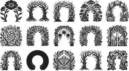 Obraz premium Fantasy garden arches and gates vector set featuring mystical tree roots botanical leaves mushrooms sea shells and steampunk gear silhouettes