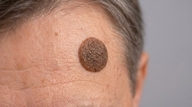 Macro Shot of Large Seborrheic Keratosis on Caucasian Forehead Skin