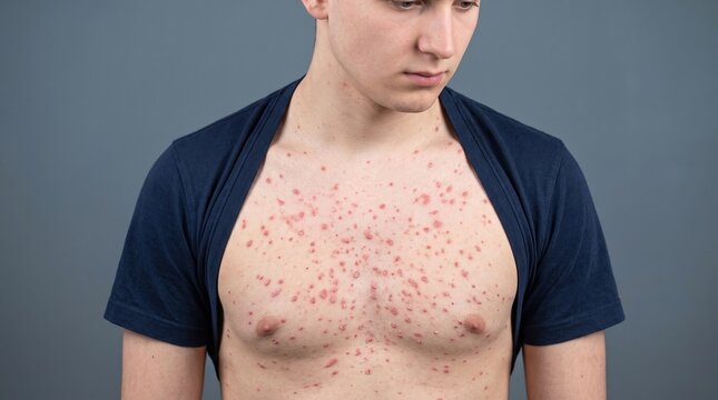 Young Man Suffering from Severe Acne Rash on Upper Chest