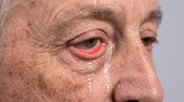 Close up view of inflamed red watery eye of senior person
