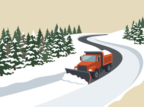 An orange snowplow truck clears a winding mountain highway surrounded by dense evergreen pine trees during a cold winter day, ensuring safe passage for travelers through the snowy landscape