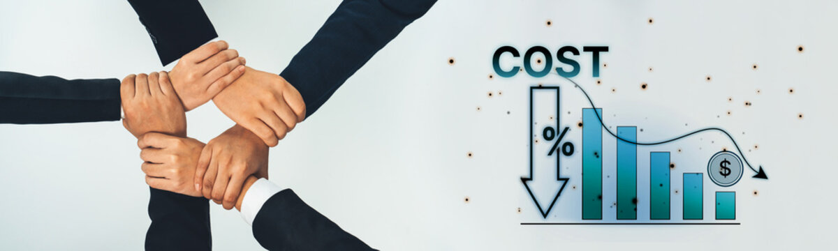 Group of diverse hands coming together symbolizes teamwork, with a financial chart illustrating a decrease in costs. Visual representation of business strategy and collaboration. Trope