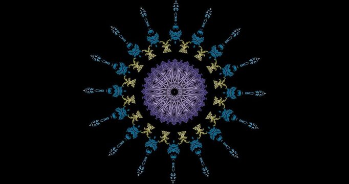 50 second of colorful gradient damask spinning abstract kaleidoscope animation featuring ornate symmetrical motifs, seamlessly looping against a transparent rectangle background.