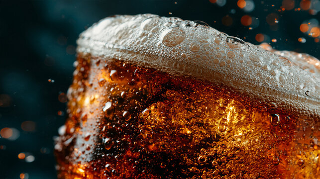 Cold glass of dark cola soft drink with heavy carbonated foam bubbles and condensation