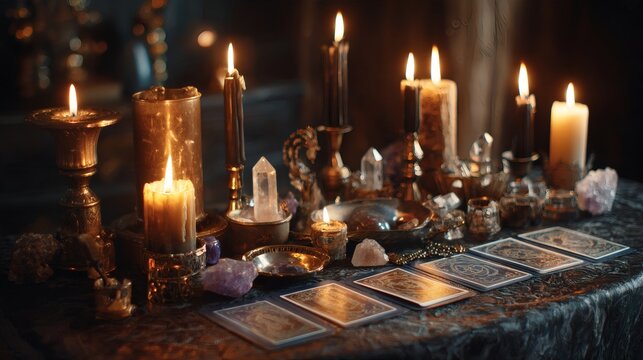 Tarot Altar with Candles and Crystals in a Mystical Ritual Setting