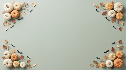 Obraz premium Halloween pumpkin border with autumn leaves and bats on a sage green background, festive flat lay frame with copy space for seasonal web design.