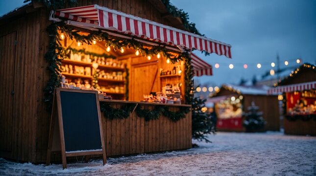Cozy Outdoor Christmas Market Wooden Kiosk with Blank Menu Chalkboard and Evening Lights