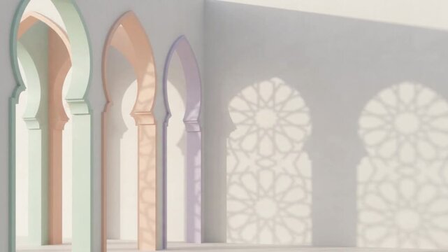 Minimalist 3D render of pastel Islamic arches casting intricate geometric shadows on a clean white wall background with copy space   