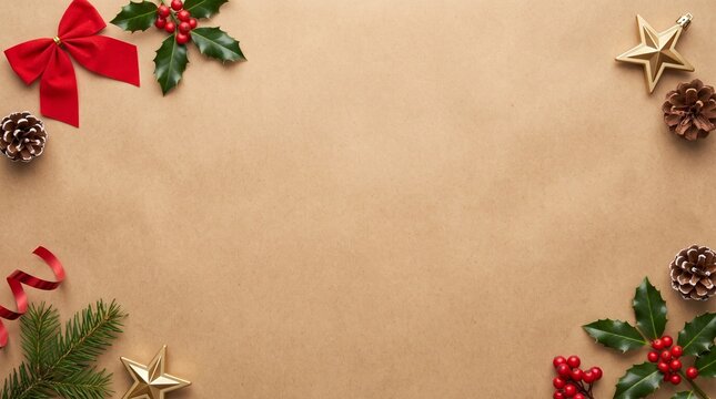 Top View Flat Lay Christmas Border Frame on Kraft Brown Paper Background with Copy Space
