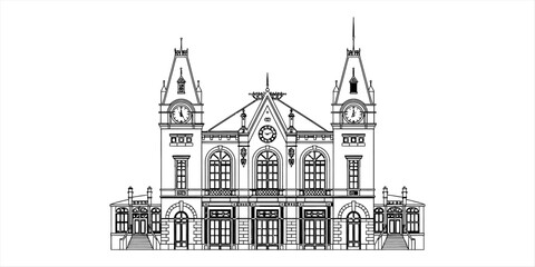 Obraz premium Old train station building with two clock towers in a classic architectural sketch style