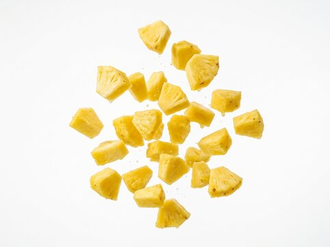 Fresh yellow pineapple chunks floating and tumbling in the air as individual pieces