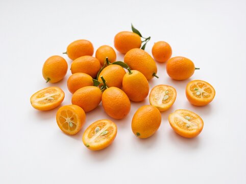 A group of fresh orange kumquats with some sliced open to reveal the citrus segments and tiny seeds