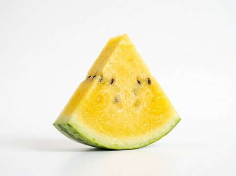 Fresh triangular slice of yellow watermelon showing juicy pulp and black seeds