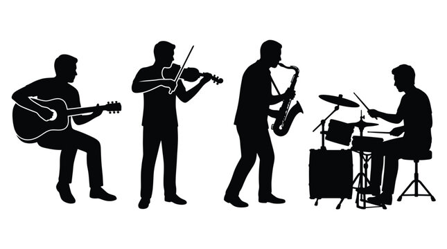 Musical band performers silhouette collection features guitar player violinist saxophonist and drummer for live concert performance and entertainment industry.