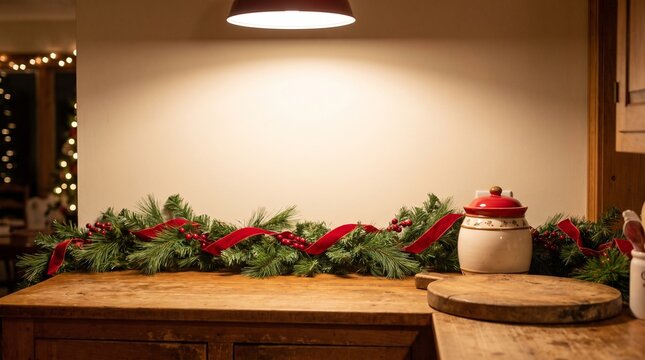 Rustic Wooden Kitchen Counter Decorated with Festive Christmas Pine Garland and Warm Overhead Light Mockup Background