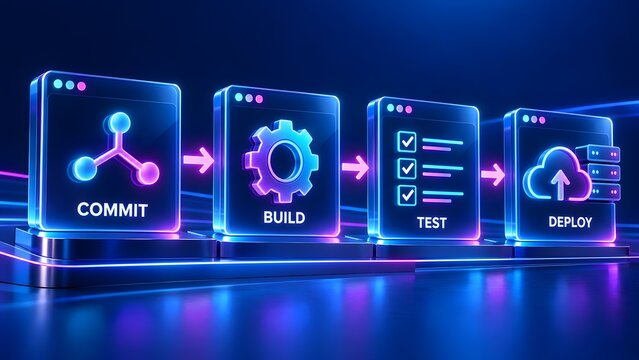 Continuous integration and deployment pipeline concept showing software development lifecycle stages from commit to build test and deploy
