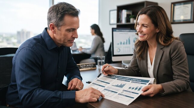A financial advisor and a client reviewing a wealth management strategy document in an office with client during meeting advisor smiles with smiles