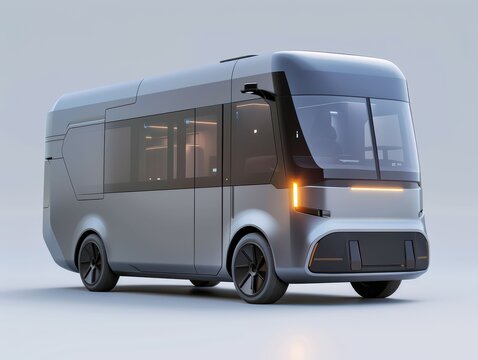 A sleek modern van prototype stands ready for urban transport. The minimalist electric vehicle streamlines city logistics.