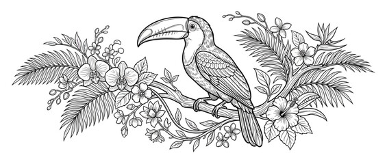 Obraz premium Exotic Toucan Bird Surrounded by Tropical Flowers and Leaves