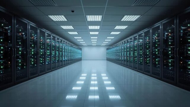 Data Center Server Room with Glowing Equipment, Clean Reflective Floor and Secure Network Technology