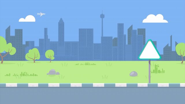 Summer roadside loop background with yield sign, city towers, and airplane. Seamless looping street scene ideal for traffic videos, road safety clips, and travel intros.