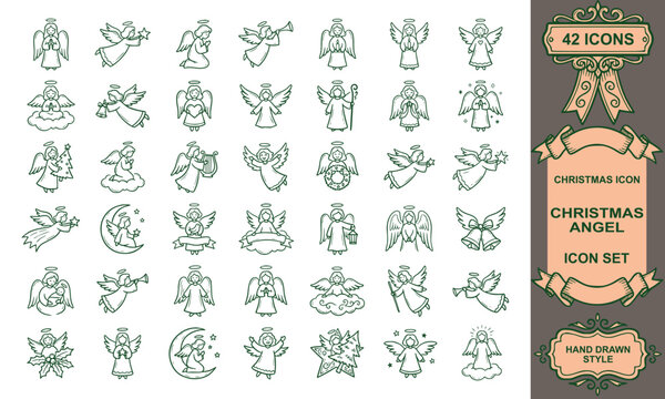Hand drawn christmas angel vector set cherub heavenly outline doodle wings holy character religious collection