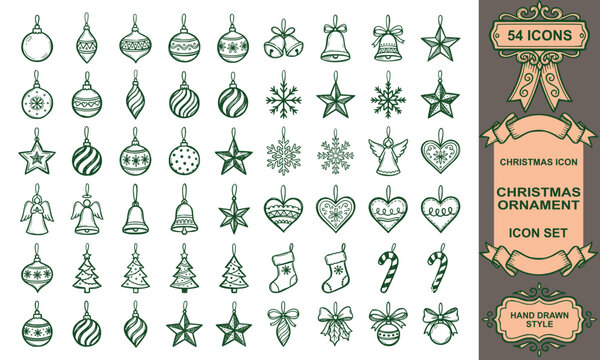 Hand drawn christmas ornament vector set bauble hanging outline doodle xmas tree decoration seasonal collection