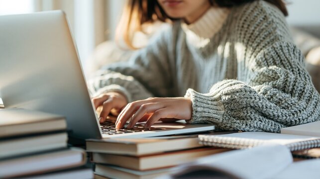 A person wearing a gray sweater, typing on a laptop with a stack of books and a notebook in front of them.