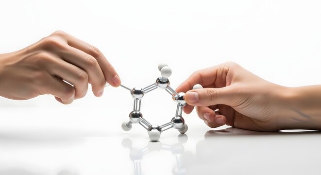 Two hands assembling a molecular model of a chemical compound on a white background
