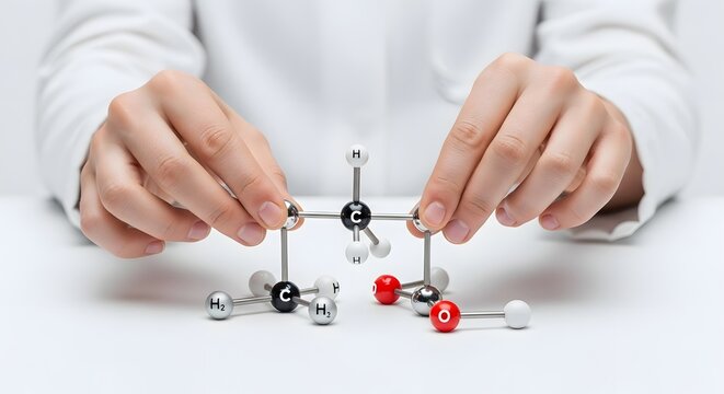 Scientist assembling chemical molecular model structure in laboratory for chemistry research and education