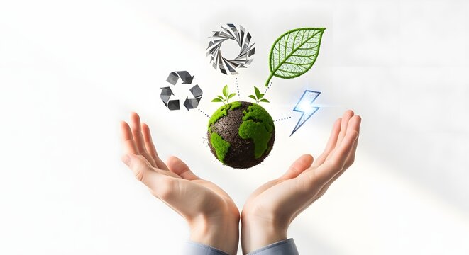 Hands Holding Green Earth Globe with Renewable Energy Recycling and Ecology Icons for Sustainable Environment Concept