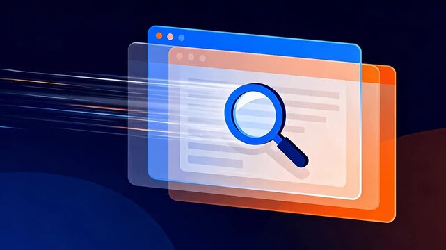 Stylized browser window search interface with a magnifying glass and colorful layers