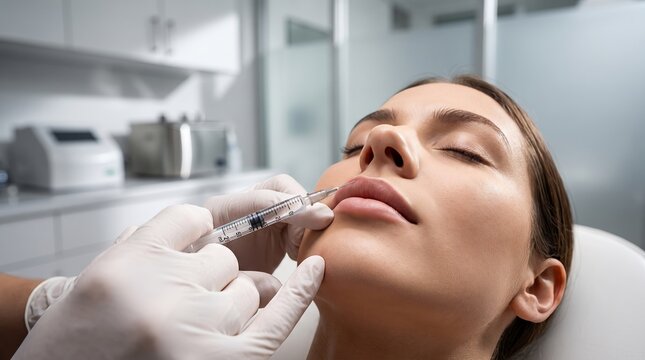 Cosmetic practitioner injecting dermal filler into a woman's lip in a
