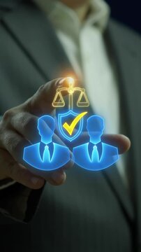 Businessman hand touching scales of justice and corporate team avatars vertical shot. Ethical business partnership agreements, corporate legal compliance integrity, and governance system concept.