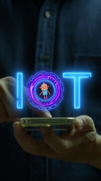 Person holding smartphone vertical shot with glowing IOT text and cute robot character inside circle HUD. Mobile internet of things smart automation, robotic assistant, and modern system concept.