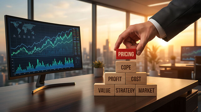Business professional building a wooden block tower with pricing strategy