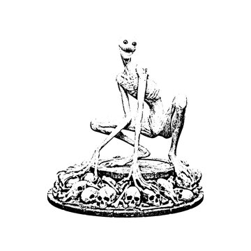 Terrifying creature crouching over a pile of human skulls with creature skeleton crouching illustration frightening monochrome engraving halloween nightmare mythology sinister underworld