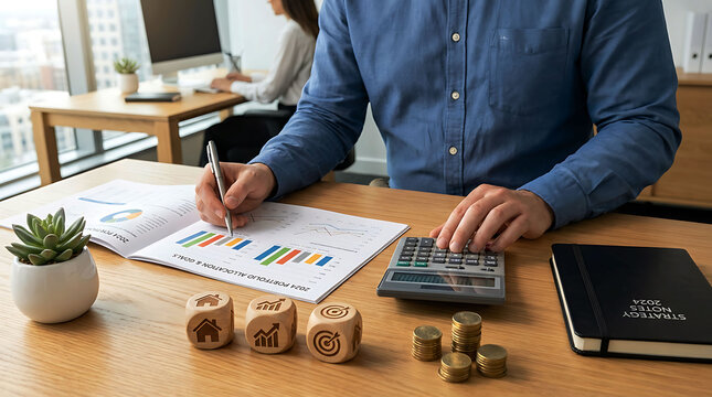 Financial analyst reviewing portfolio allocation data with calculator and charts
