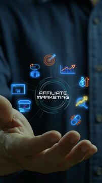 Businessman open hand vertical shot supporting glowing affiliate marketing text hub with icons. Online referral commission network, commercial passive income partnership, and strategy idea concept.