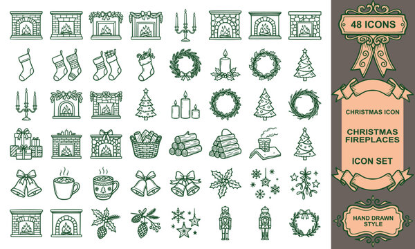 Hand drawn christmas fireplace vector set hearth mantel outline doodle cozy home winter holiday collection