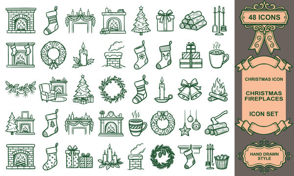 Hand drawn christmas fireplace vector set hearth cozy outline doodle winter home interior holiday collection
