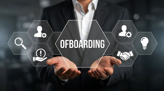 Professional man holding virtual interface with offboarding concept graphic