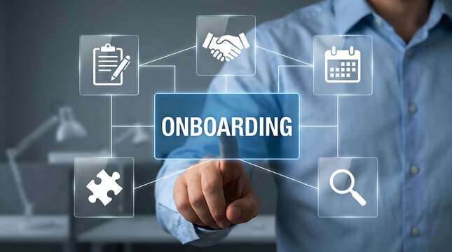 Businessman touching digital onboarding interface icon on virtual screen display