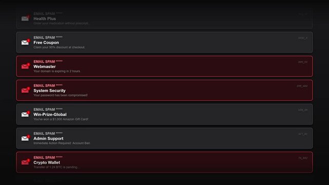 Digital interface showing a list of spam emails and phishing attempts